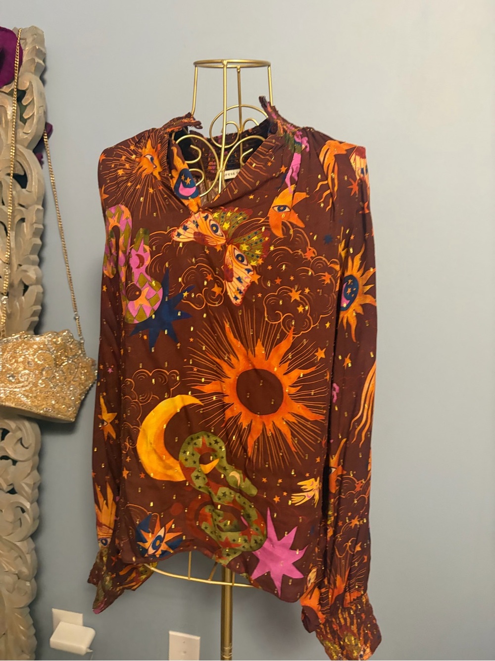 Celestial Print Long Sleeve Blouse in Brown